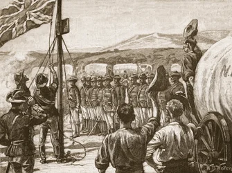 Pioneros de la Compañía Británica de Sudáfrica en Mashonaland, 1890, ilustración de 